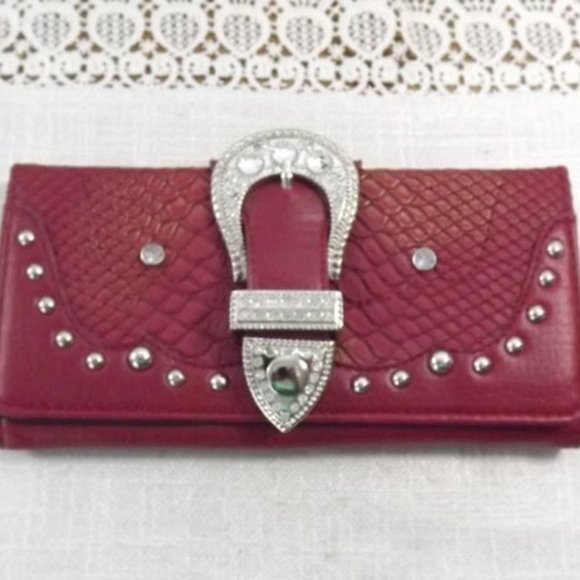 Southwestern Style Faux Leather Berry Red Wallet - Picture 2 of 7